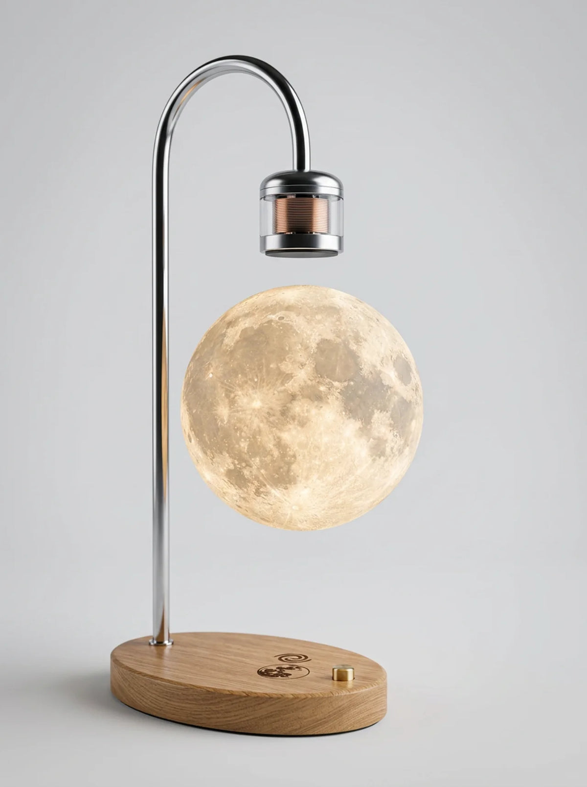 Moon lamp with wooden base on a gray background