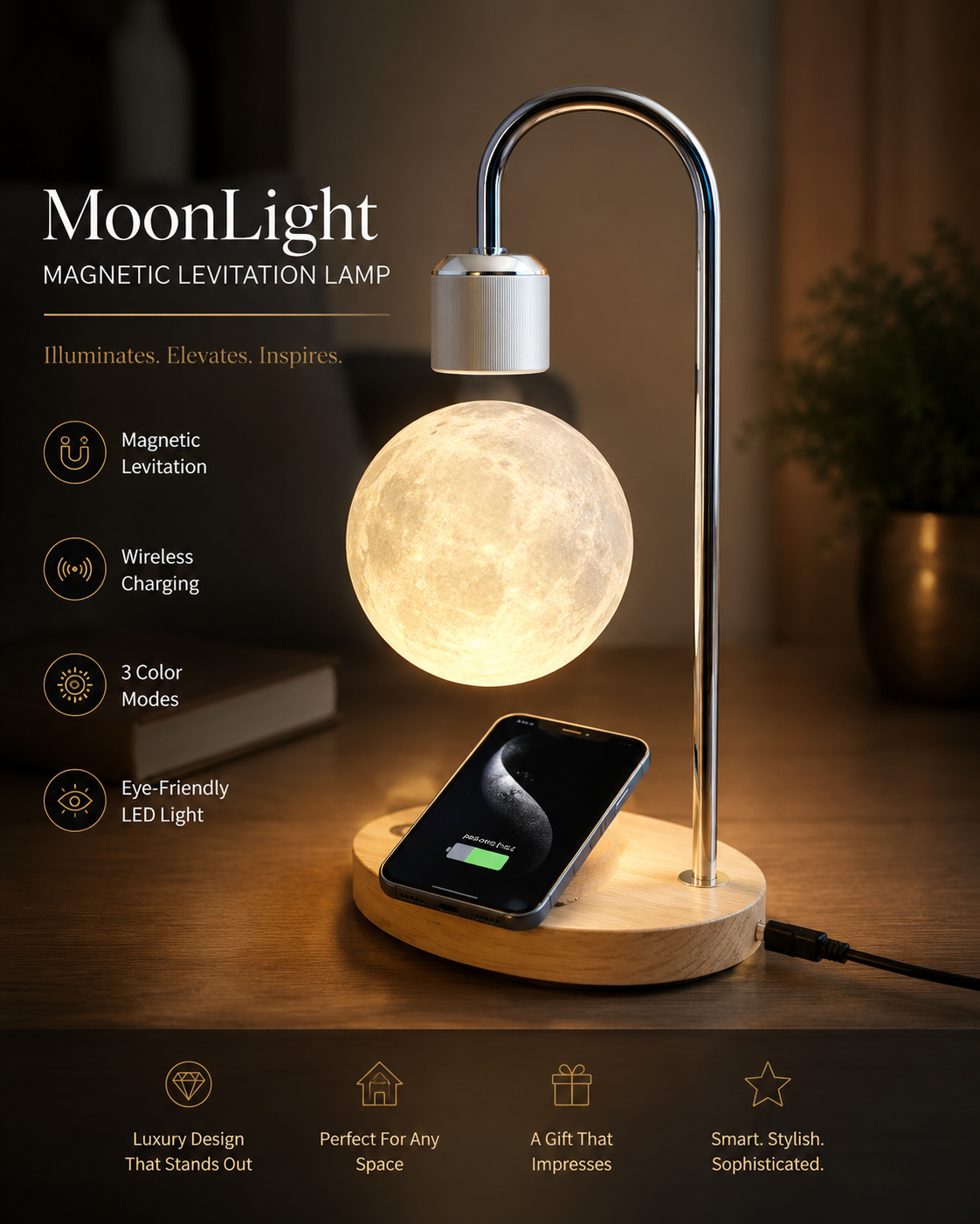 MoonLight magnetic levitation lamp with wireless charging pad on a wooden base.
