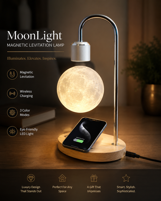 MoonLight magnetic levitation lamp with wireless charging pad on a wooden base.