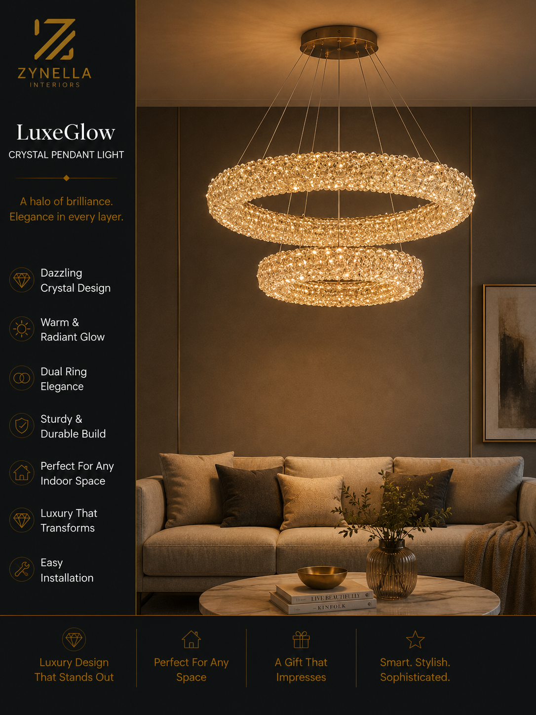 Zynella Nordic Silver & Gold Crystal Pendant Chandelier