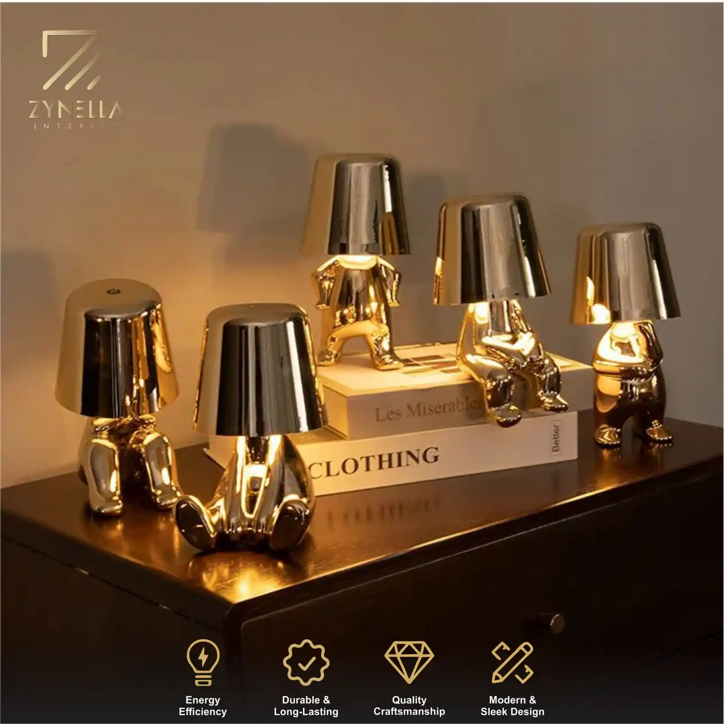 Zynella Oscar: Italian-Style Golden "Little Man" Portable Desk Lamp