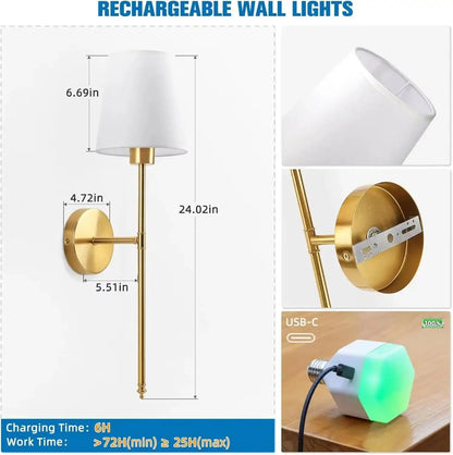Zynella Renaissance: Wireless Gold Wall Sconces (Set of 2)