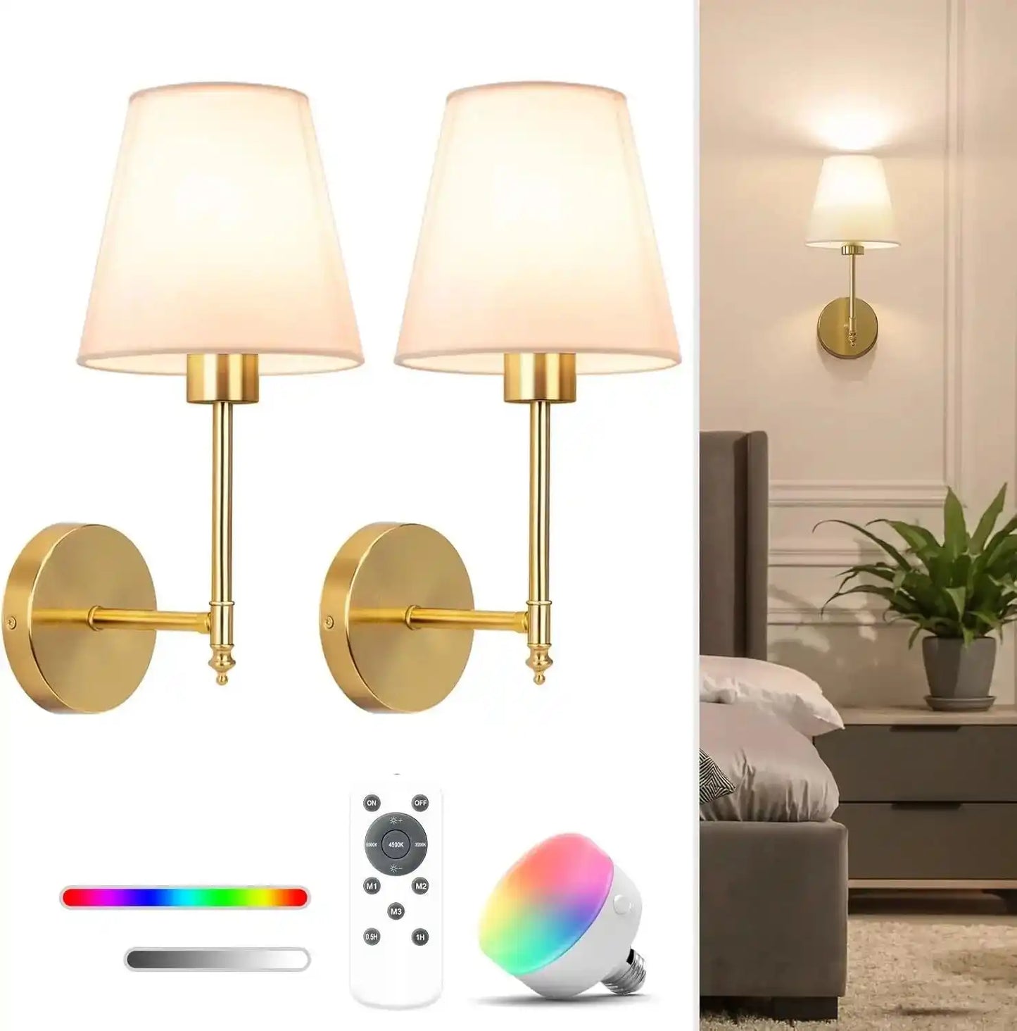 Zynella Renaissance: Wireless Gold Wall Sconces (Set of 2)