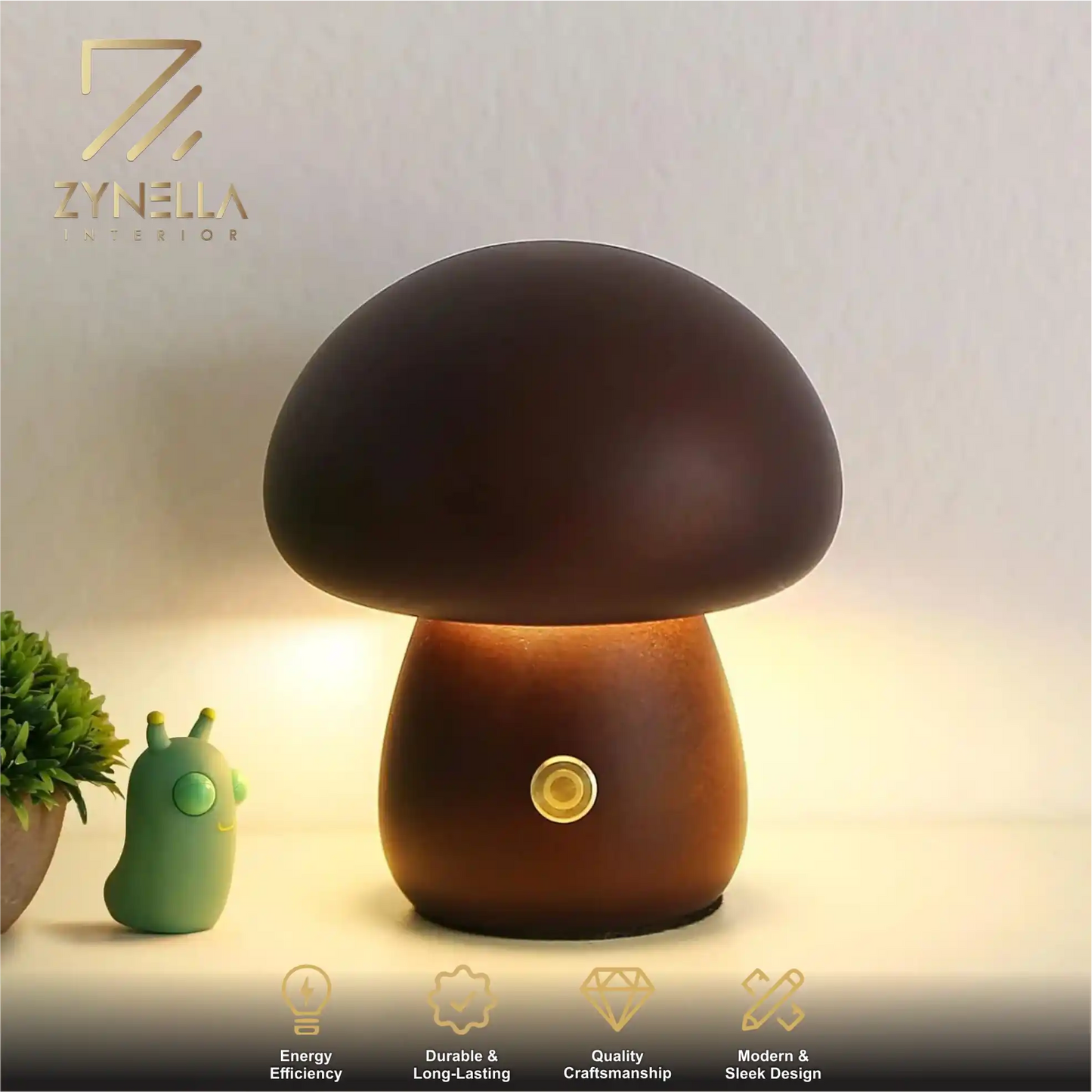 Zynella Fungi Luxe: Solid Wood Dimmable Mushroom Night Light