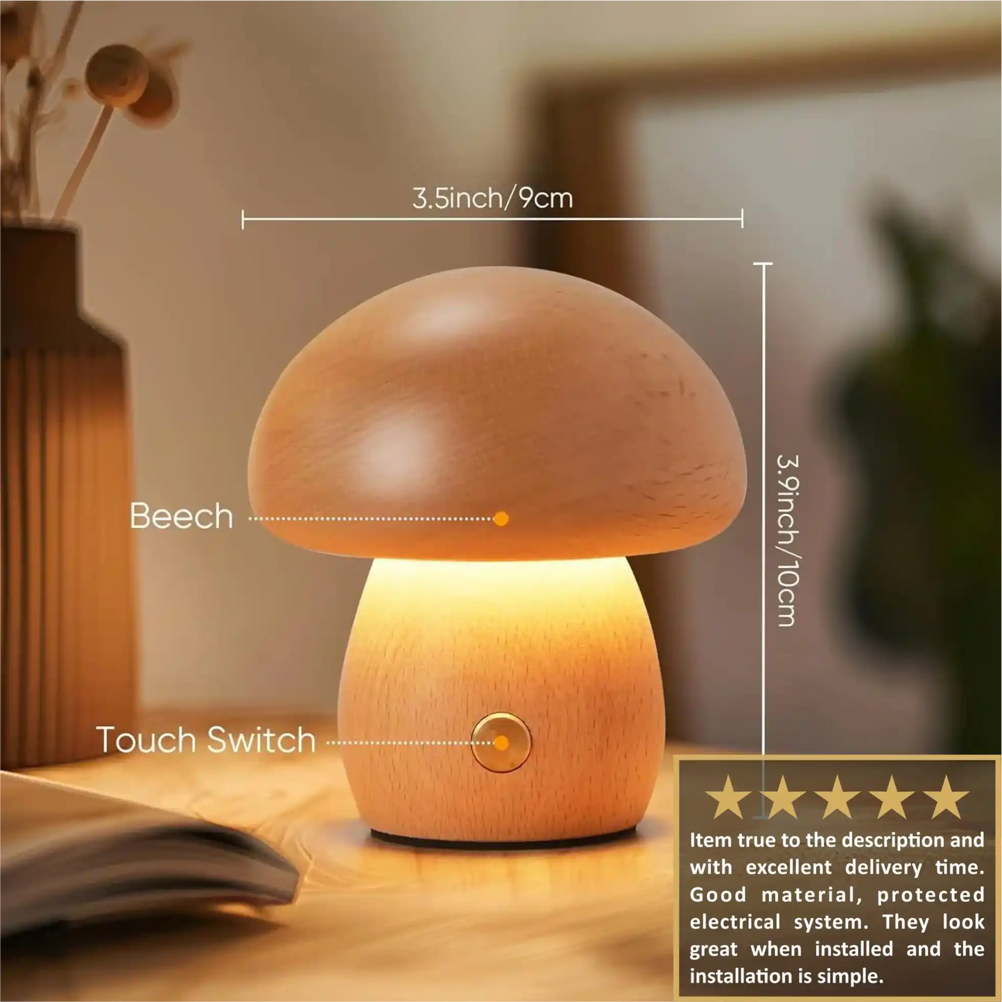 Zynella Fungi Luxe: Solid Wood Dimmable Mushroom Night Light