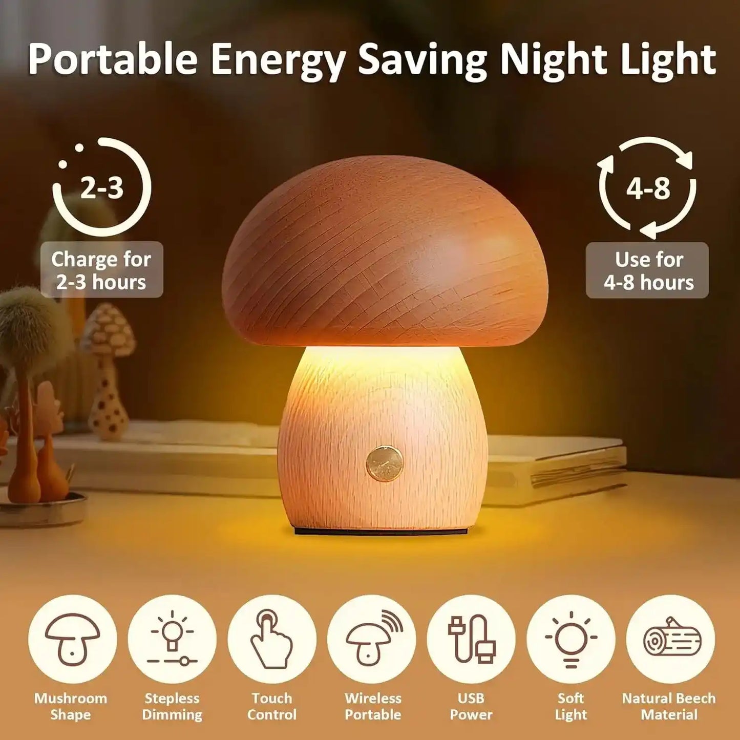 Zynella Fungi Luxe: Solid Wood Dimmable Mushroom Night Light