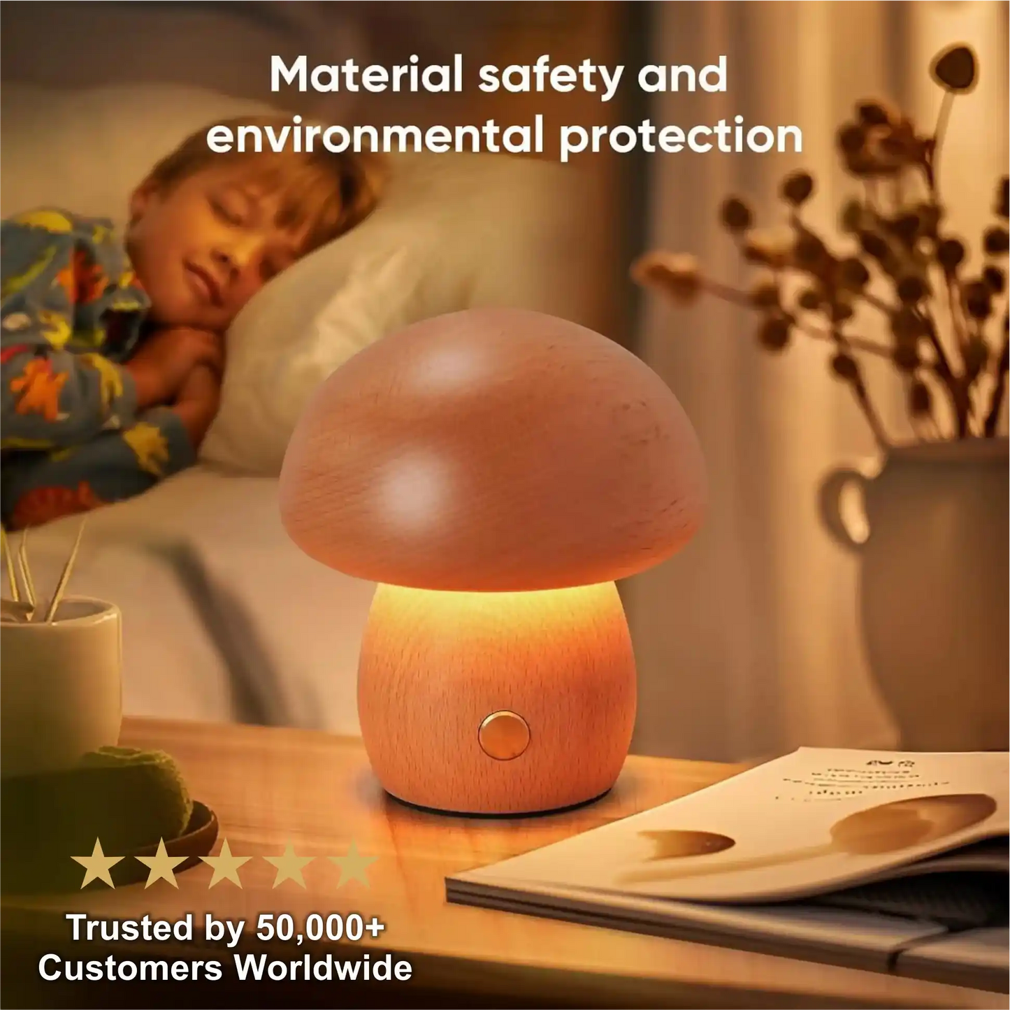 Zynella Fungi Luxe: Solid Wood Dimmable Mushroom Night Light