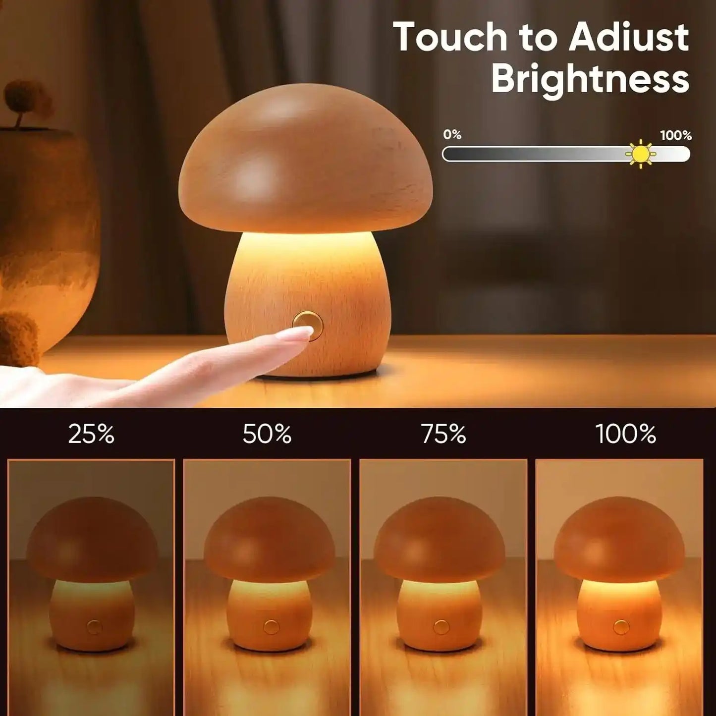 Zynella Fungi Luxe: Solid Wood Dimmable Mushroom Night Light