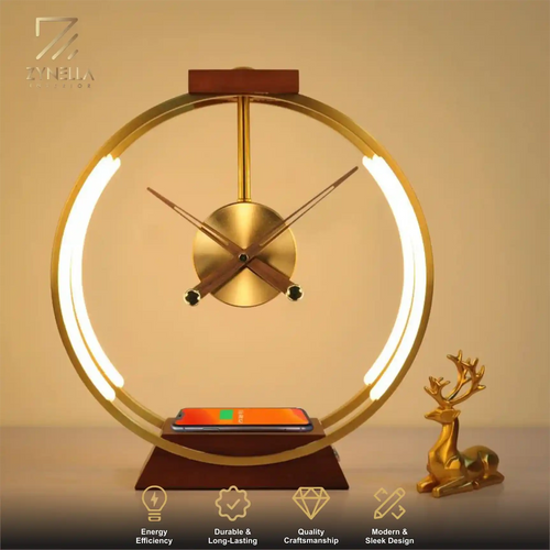 Zynella Chronos: Luxury Oak & Metal Lamp with Fast Wireless Charging