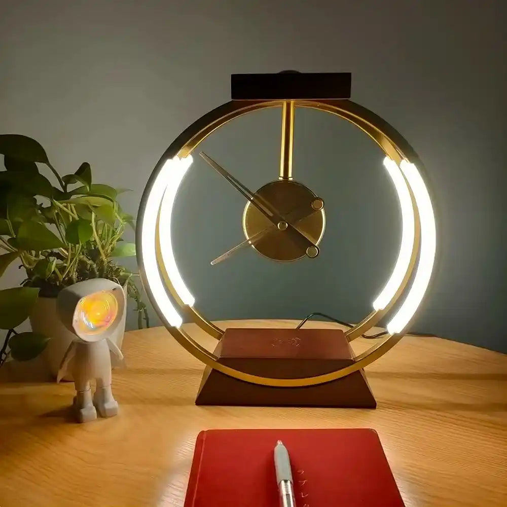 Zynella Chronos: Luxury Oak & Metal Lamp with Fast Wireless Charging