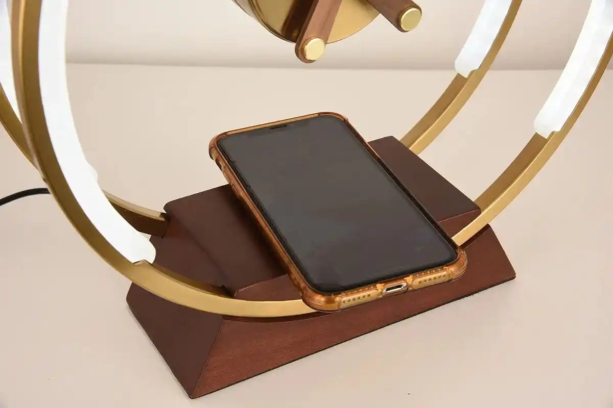 Zynella Chronos: Luxury Oak & Metal Lamp with Fast Wireless Charging