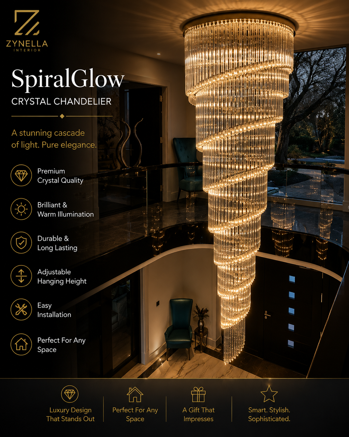 Zynella Crystal Spiral Staircase Ceiling Chandelier