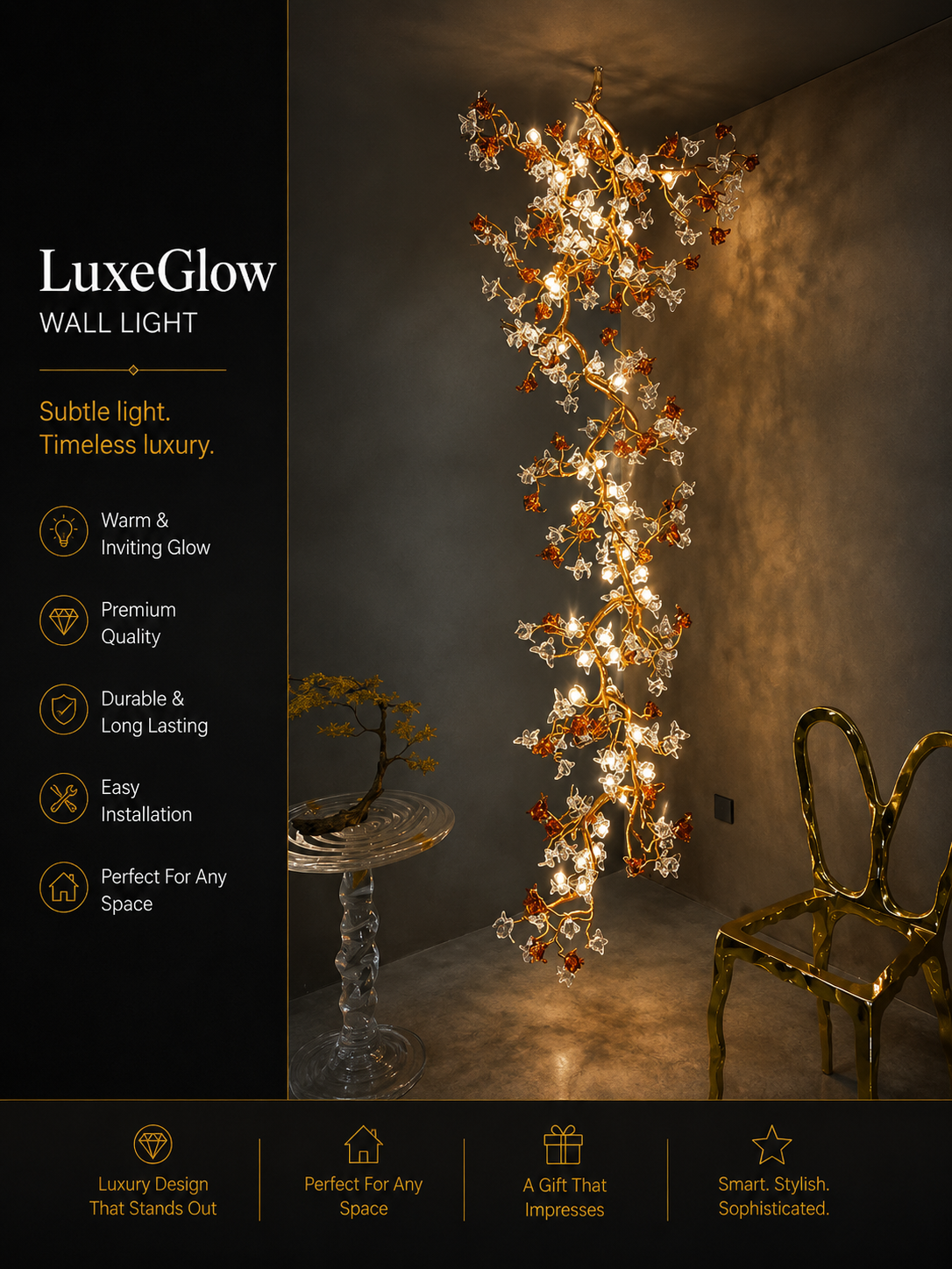 Zynella Willow Branch Modern Crystal Wall Light