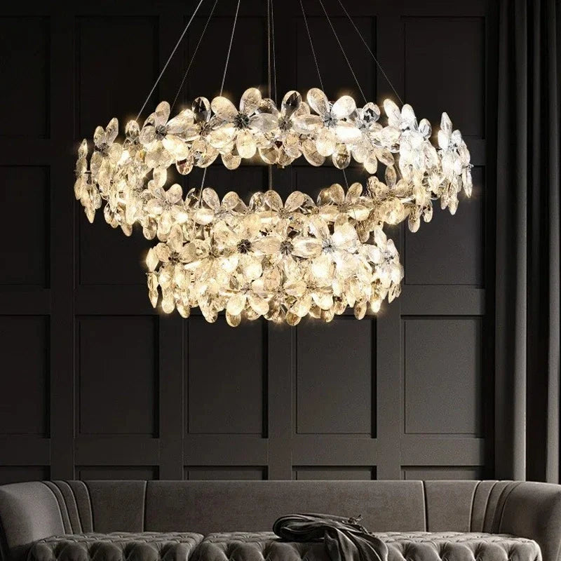 Chrome LED crystal petal pendant light