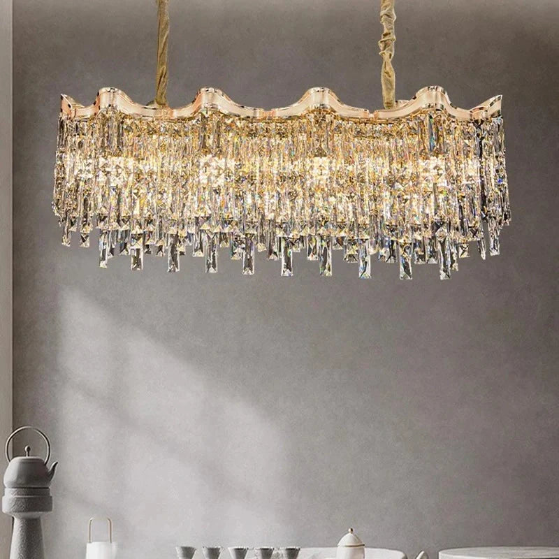 Modern crystal light above dining table