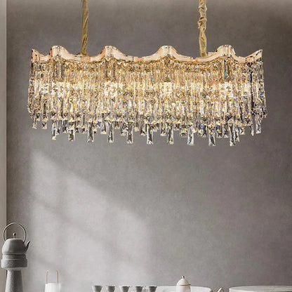 Modern crystal light above dining table