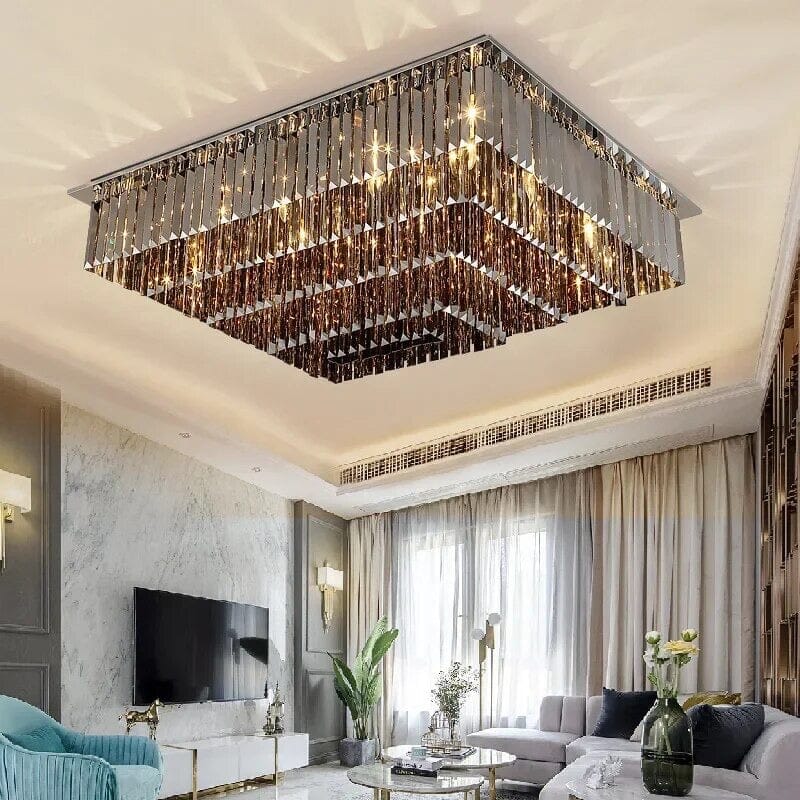 Rainfall crystal chandelier with stainless steel frame and surface mounted LED ceiling design