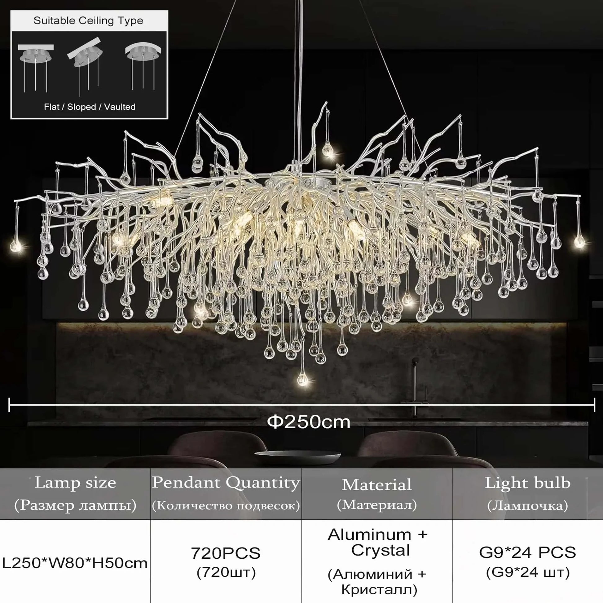 Rectangular Crystal Chandelier Installed – Modern Ambient LED Light