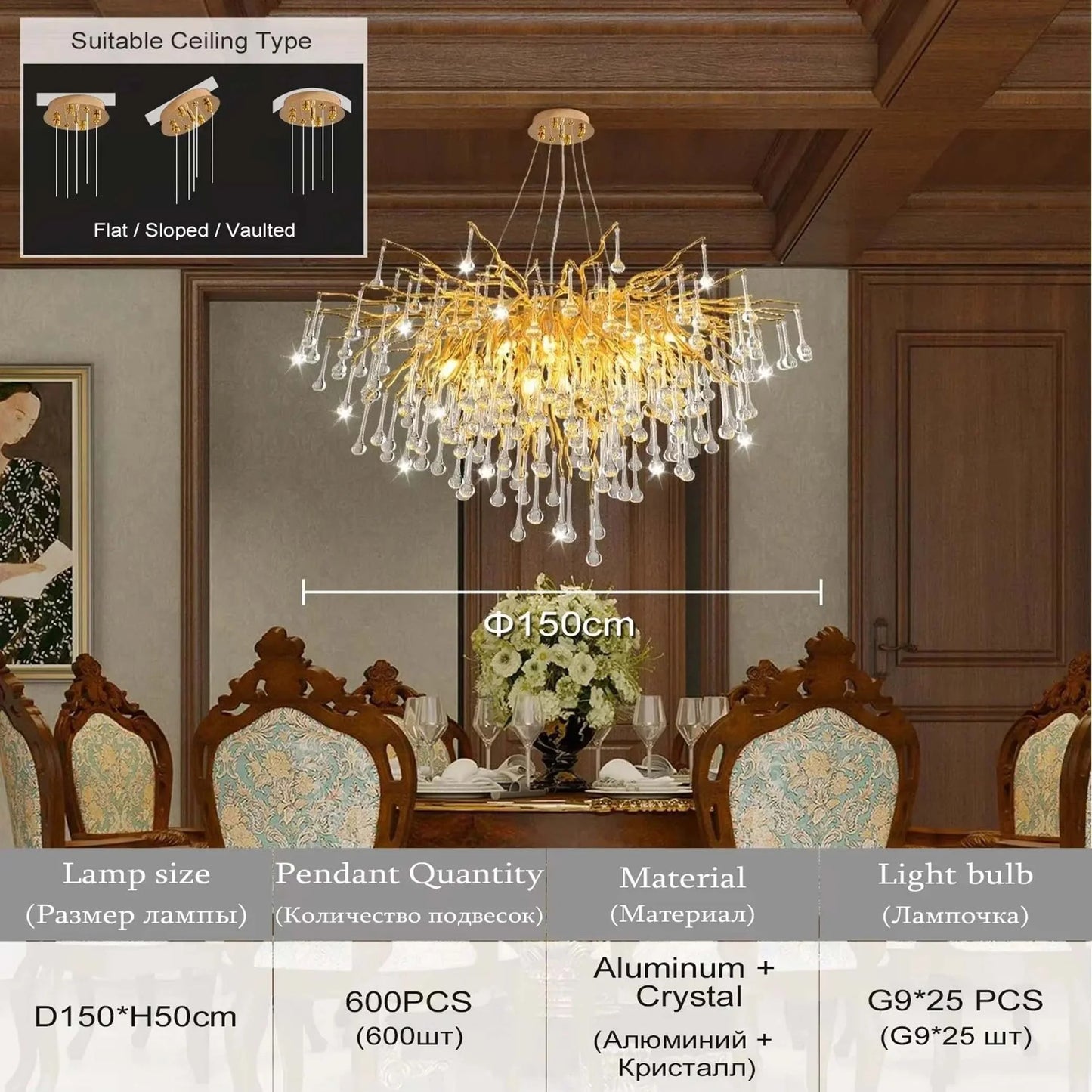 Rectangular Crystal Chandelier Over Dining Table
