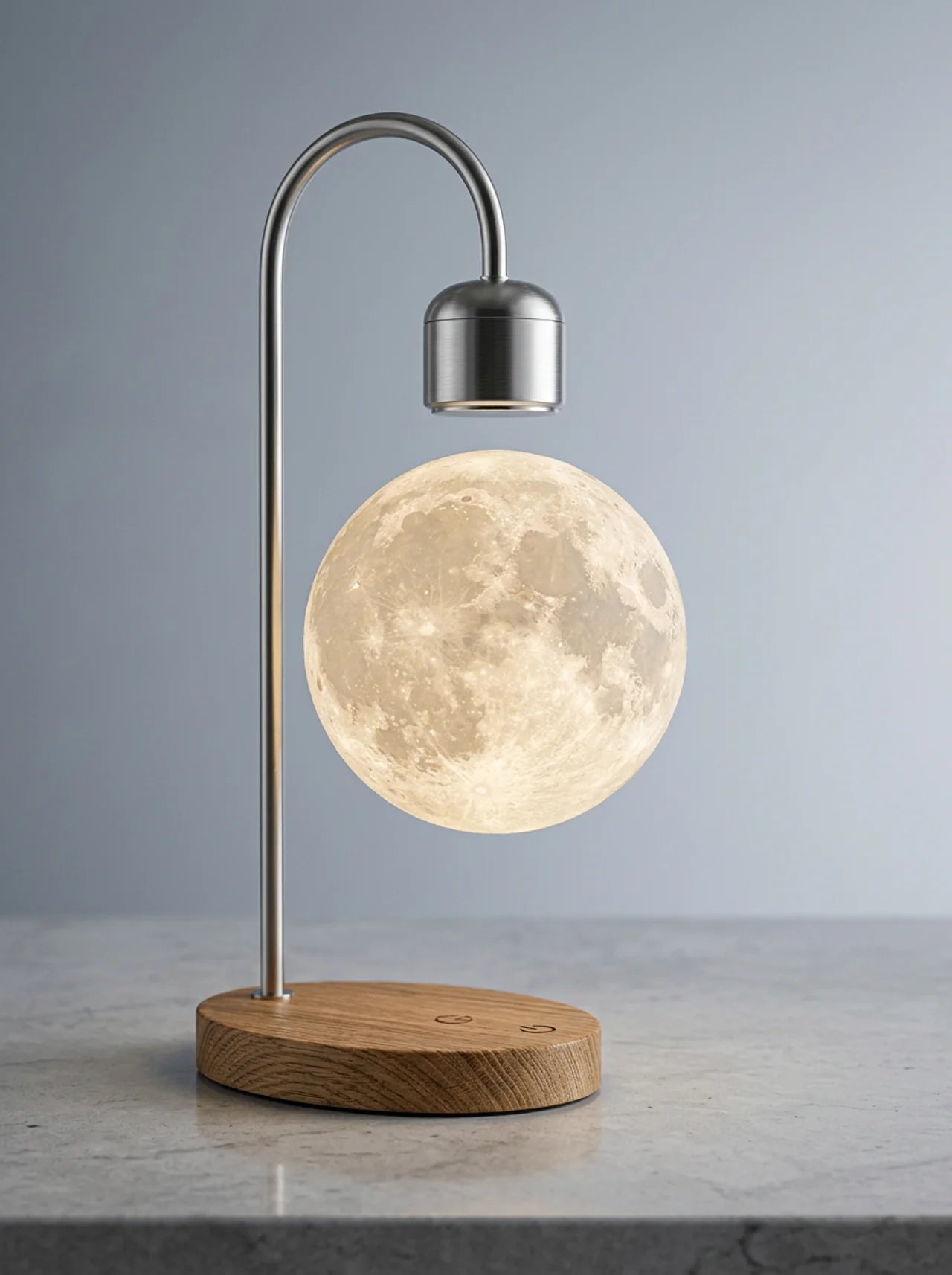 Moon lamp with wooden base and metal stand on a gray background