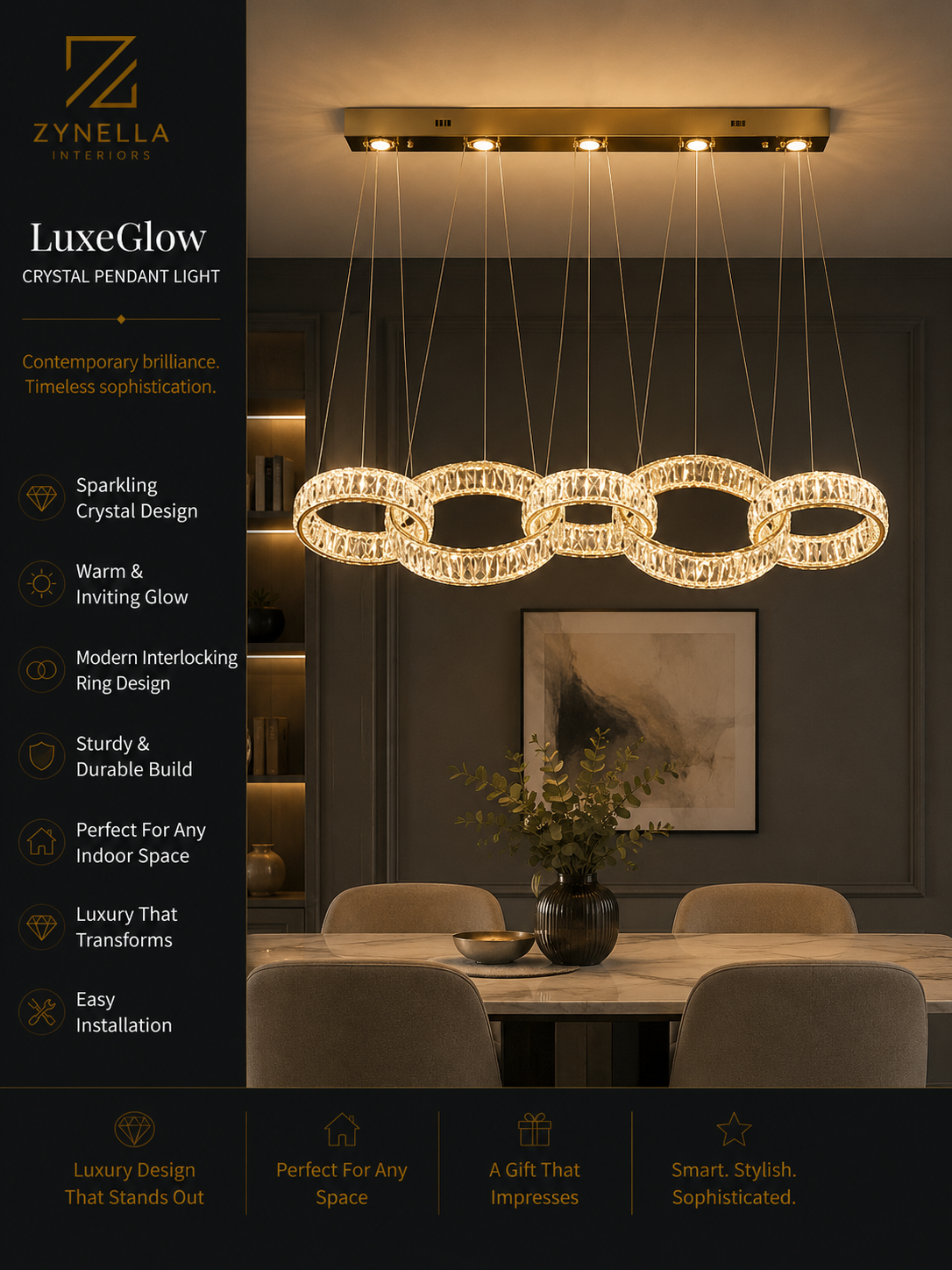 New Zynella Modern Rectangular LED Crystal Chandelier