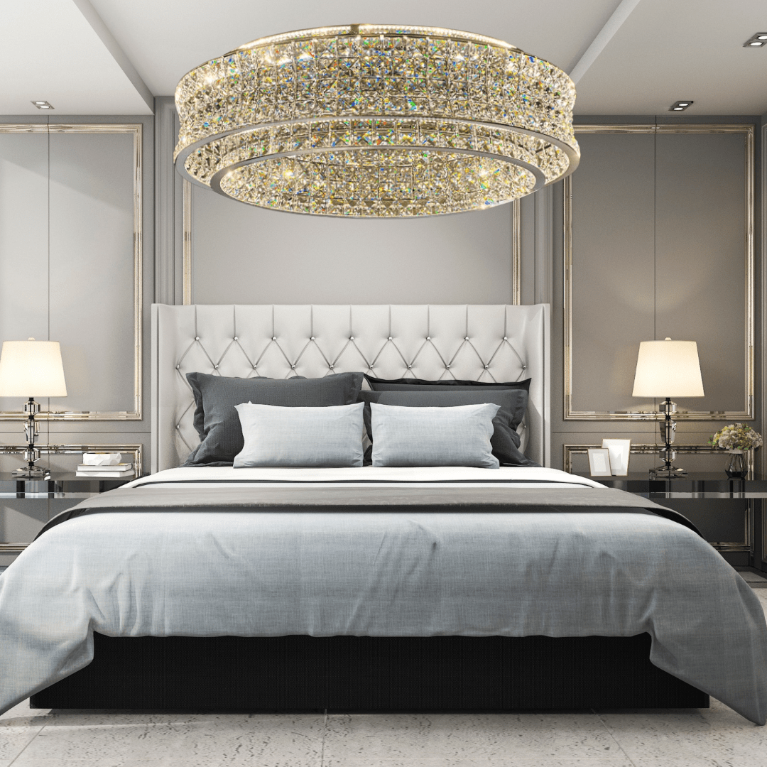 ophelia luxury crystal chandelier installed in grand living room